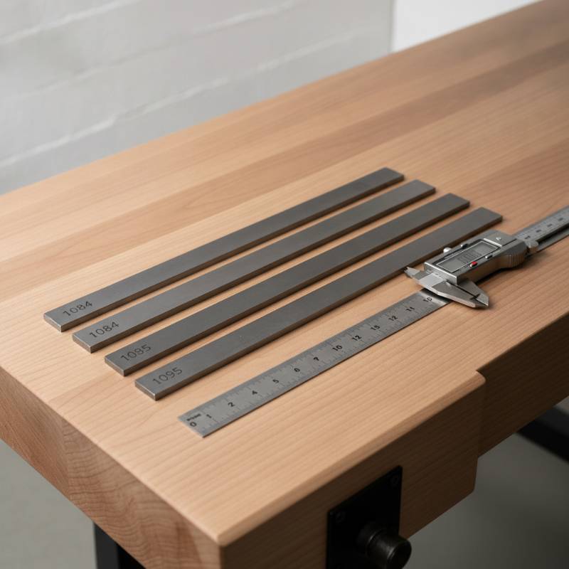 A selection of flat metal bars for knife making on a workshop table, showing 1084 and 1095 carbon steel bars next to a digital caliper.