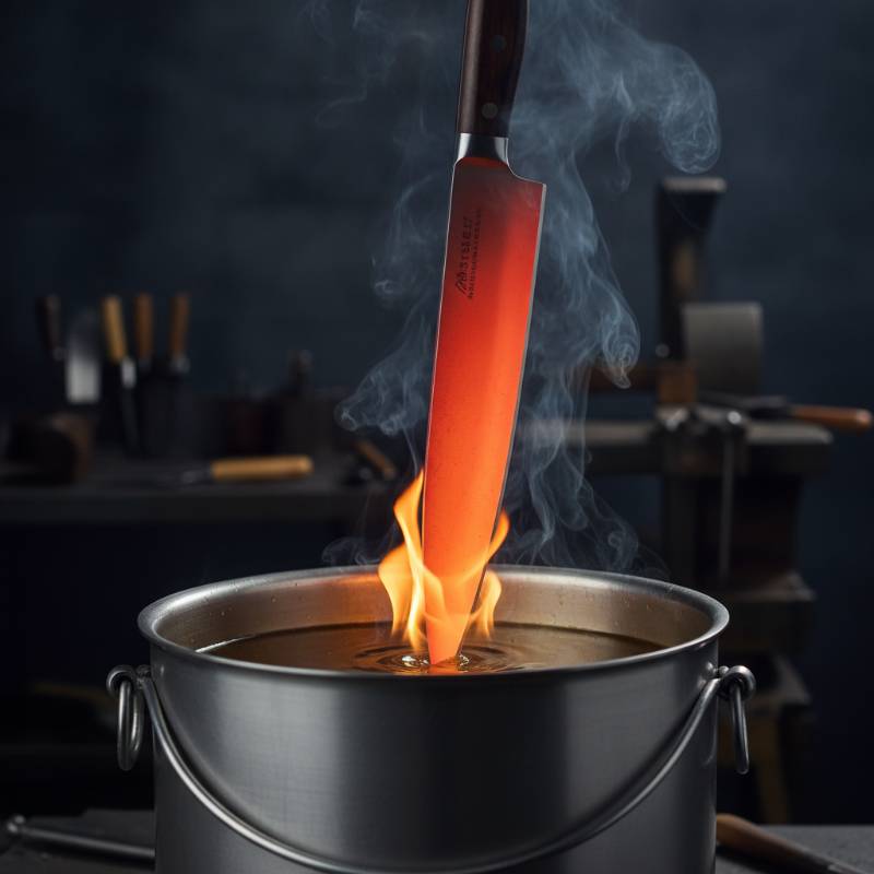 Quenching a red-hot knife blade into a container of oil.