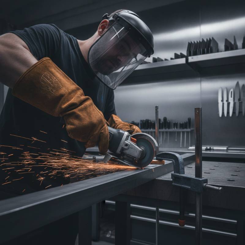 Cutting a knife blank from a flat steel bar using an angle grinder in a workshop.