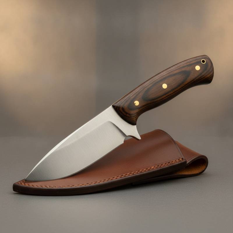 A beautiful finished custom knife with a wooden handle resting on a leather sheath.