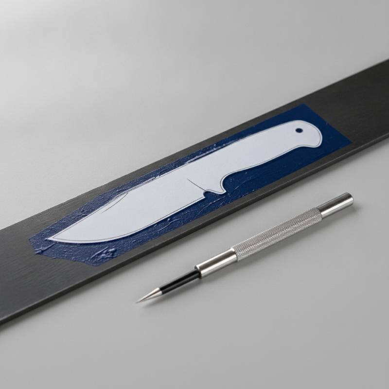 A paper knife template glued onto a flat steel bar with blue layout fluid.