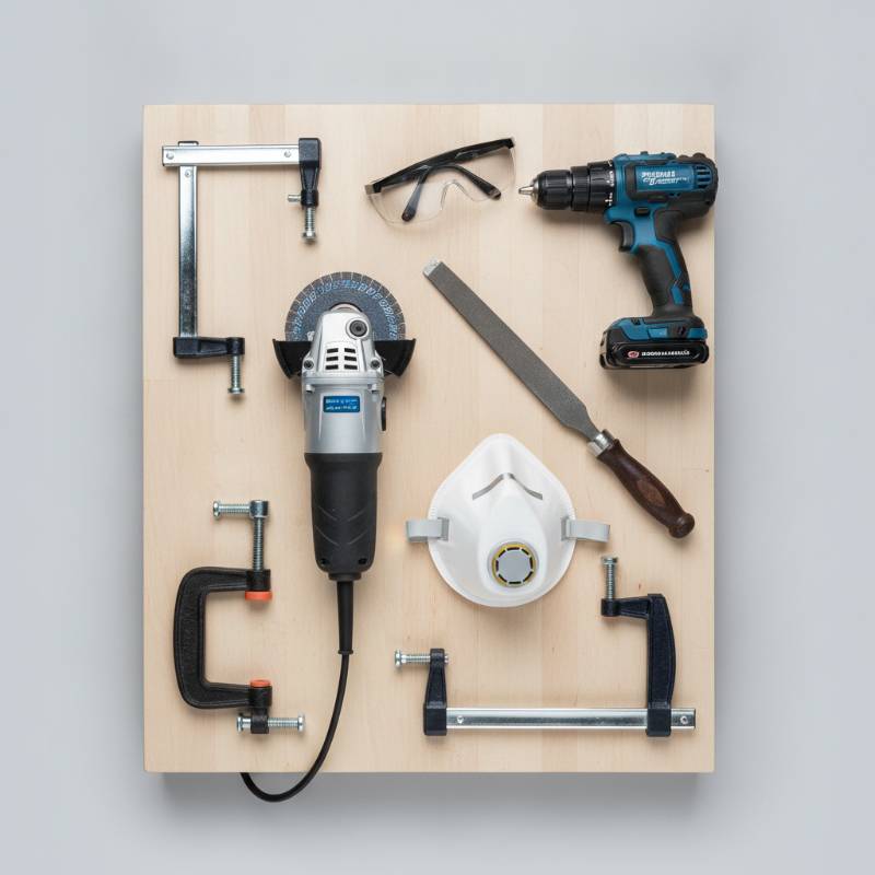 Essential hand tools and safety gear laid out on a workshop table for DIY knife making from bar stock.