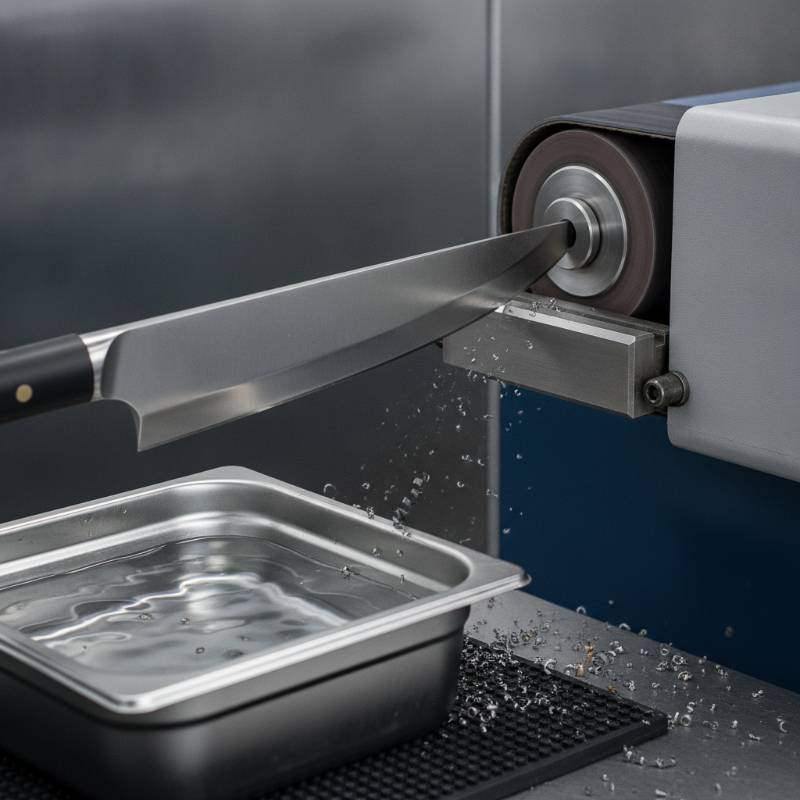Grinding the bevels of a knife blank on a belt sander.