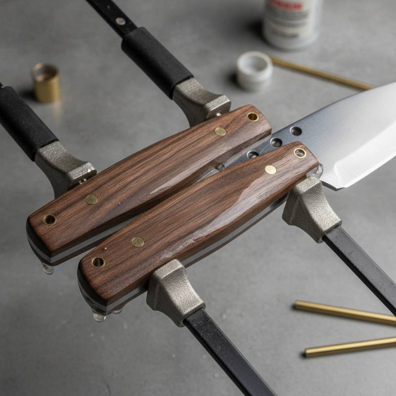 Gluing wooden handle scales to a finished knife blank using epoxy and brass pins.