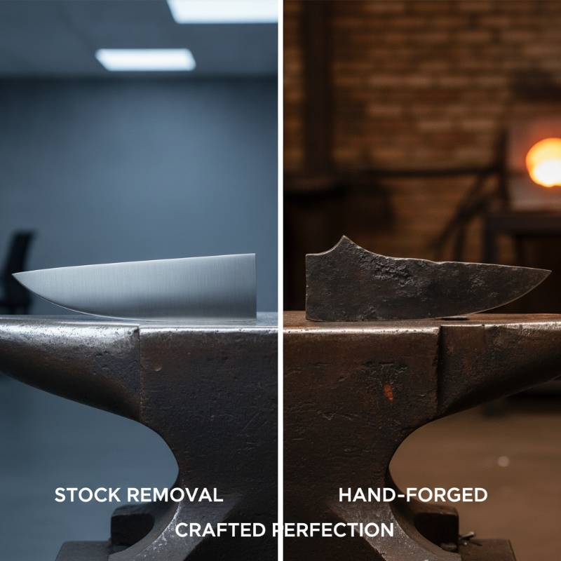 Side by side comparison of a stock removal knife blank and a hand-forged knife blank.