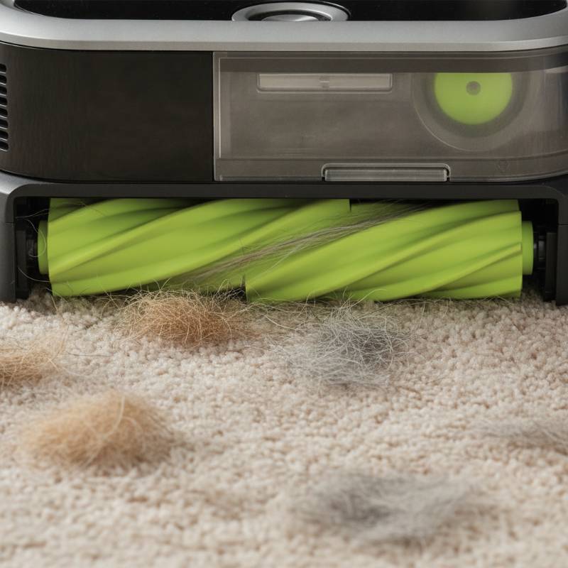 Close-up of iRobot Roomba dual green rubber brush rollers lifting pet hair without tangling
