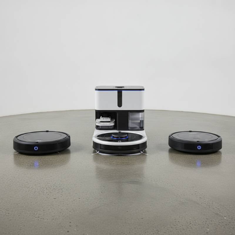 A lineup of different iRobot Roomba models on a clean floor