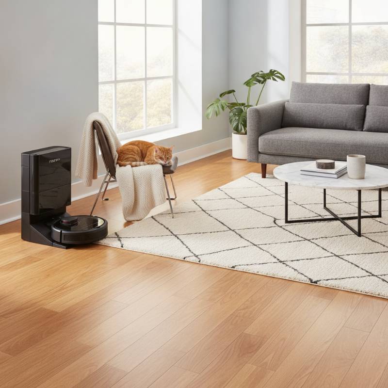 A clean, pet-hair-free living room with a Roomba on its dock