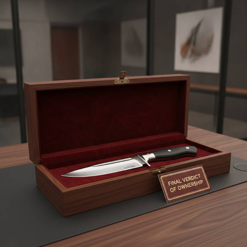 A beautiful stiletto knife resting inside an elegant wooden display box