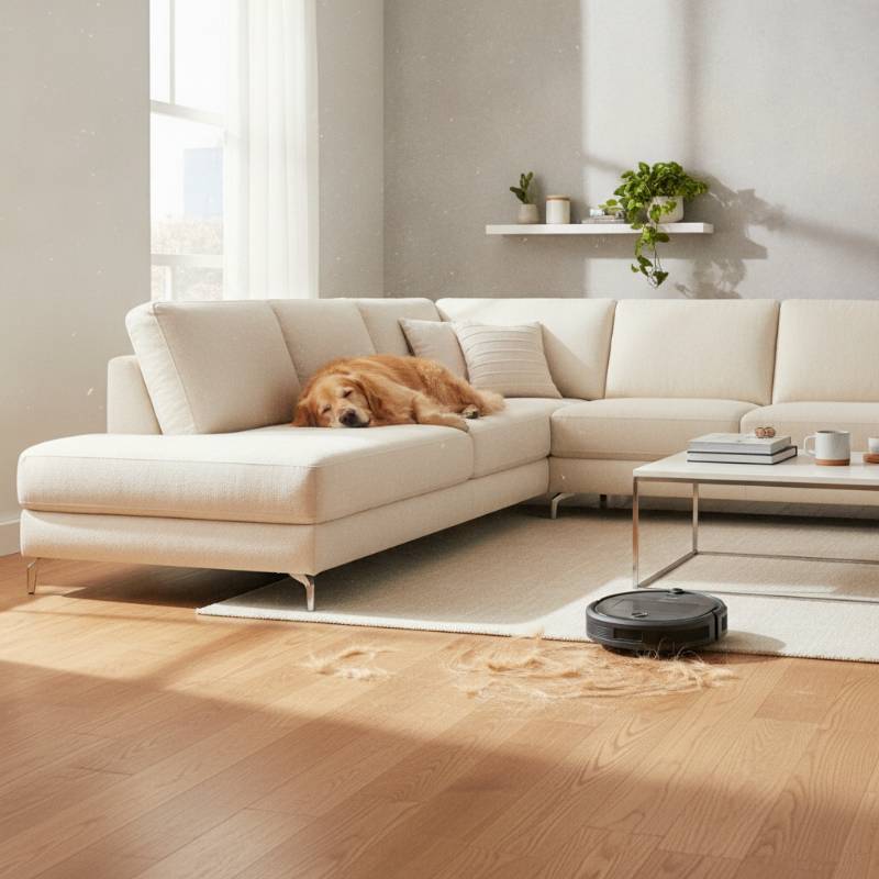 A dog watching a Roomba robot vacuum clean the living room floor