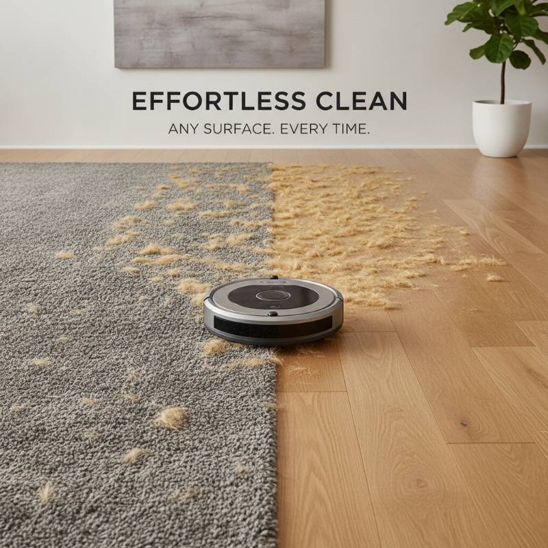 A Roomba vacuuming pet hair on a split floor of carpet and hardwood
