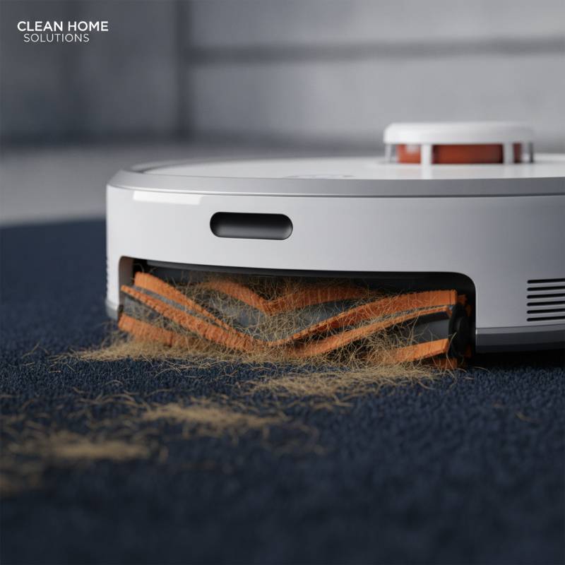 A robot vacuum picking up pet hair from a dark carpet.