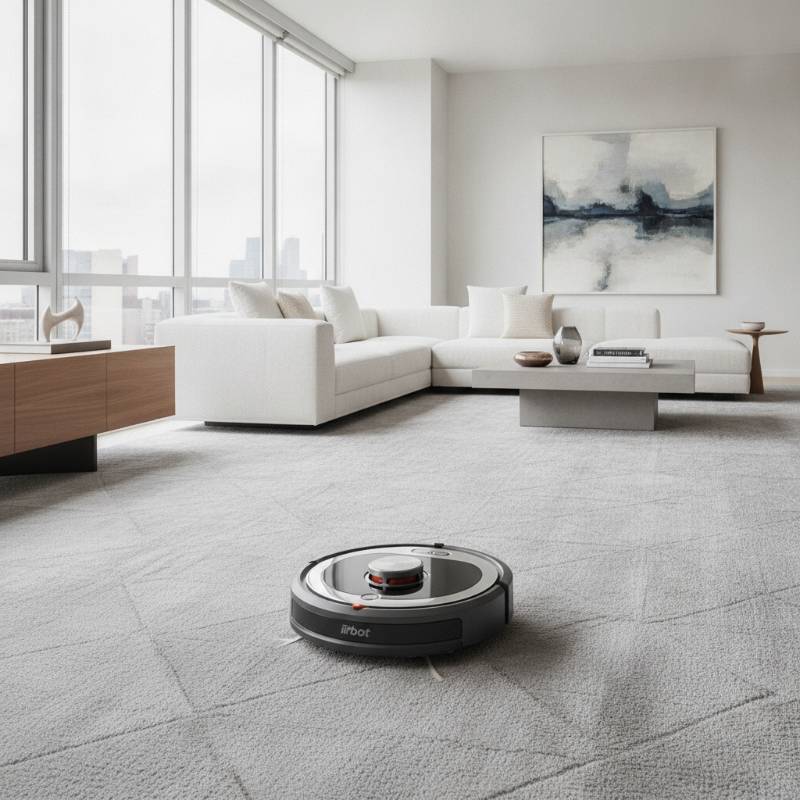A robot vacuum cleaning a soft carpet in a modern living room.