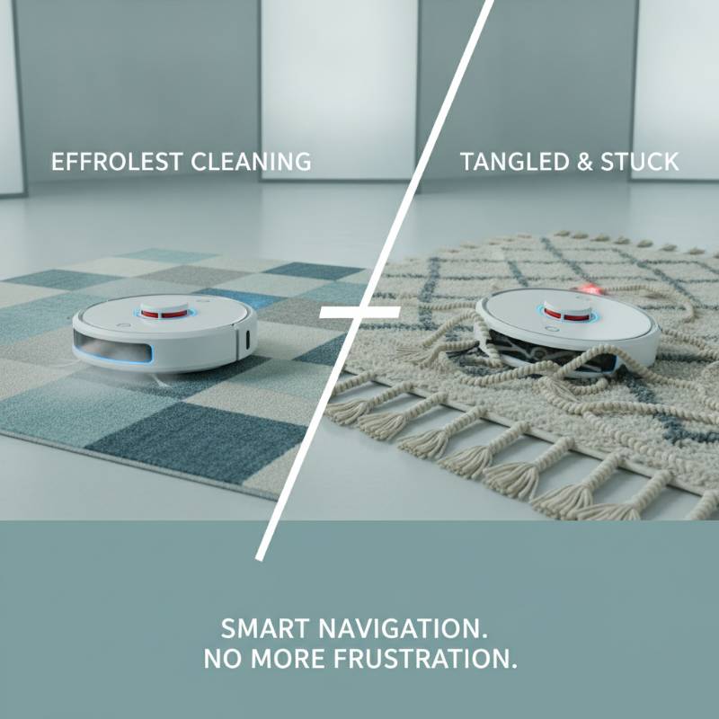 A robot vacuum cleaning a rug next to a modern sofa.