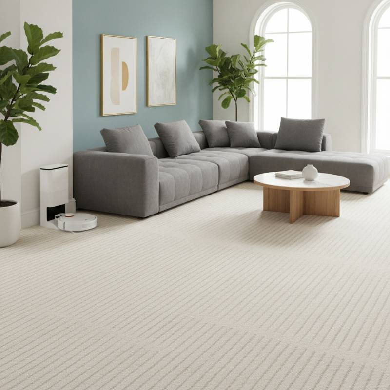 A clean and tidy living room with a robot vacuum at its dock.