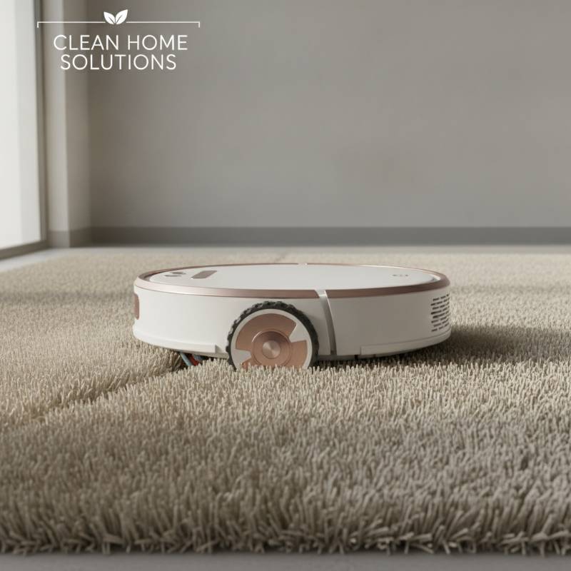 A robot vacuum trying to clean a thick plush rug.