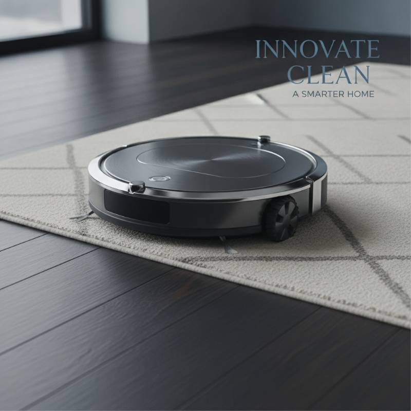A robot vacuum moving from wood floor to carpet.