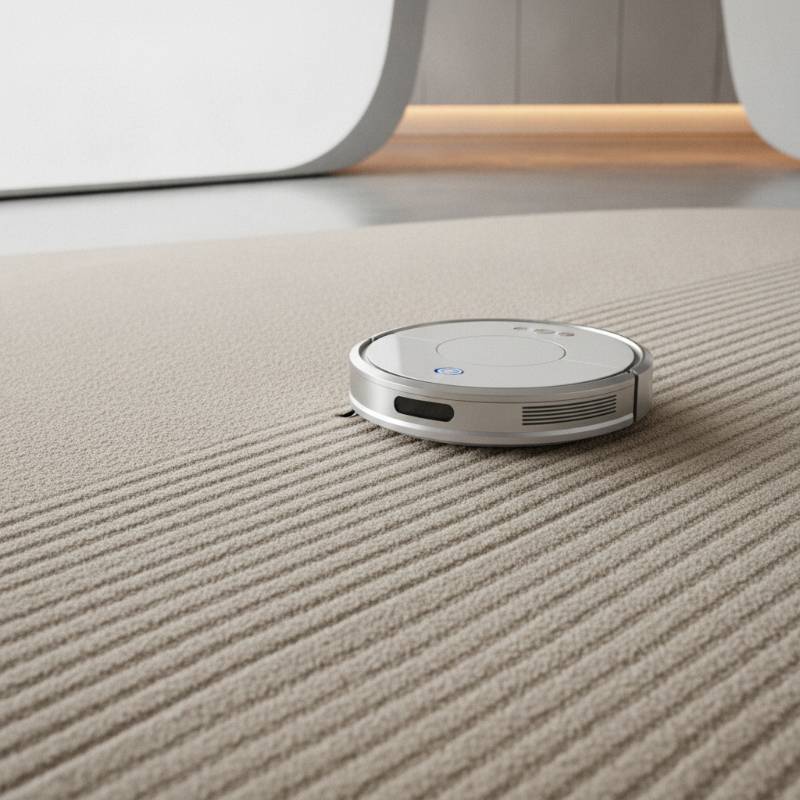 A robot vacuum gliding easily on low pile carpet.