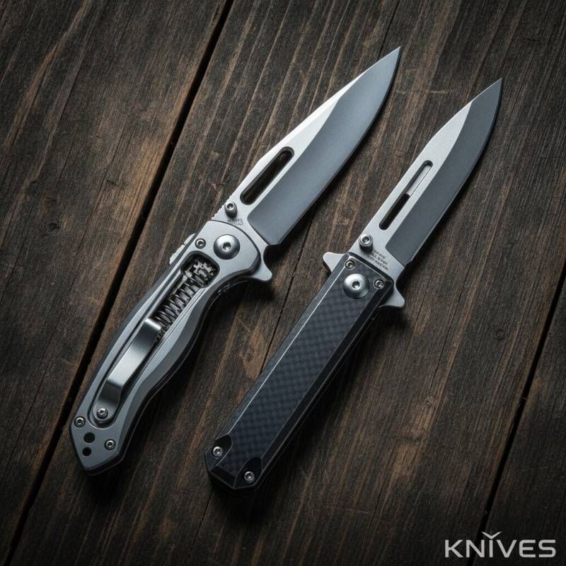 Modern automatic knives and OTF switchblades lying on a dark wooden table