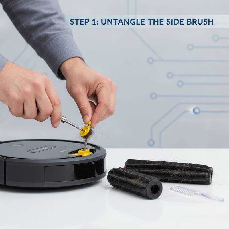 Roomba side brush and main rollers hair removal maintenance