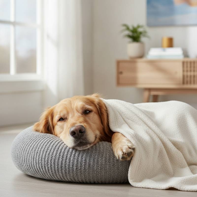 A golden retriever resting its head on a small gray dog pillow under a warm fleece blanket