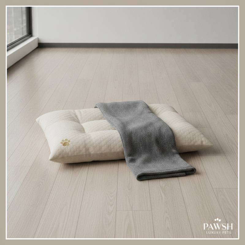 A luxury orthopedic dog pillow and blanket set on a wooden floor