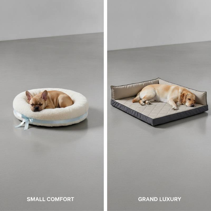 A small French Bulldog and a large Labrador sleeping on their respective dog bedding sets