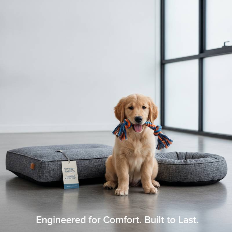 A playful dog chewing on a toy near its bed
