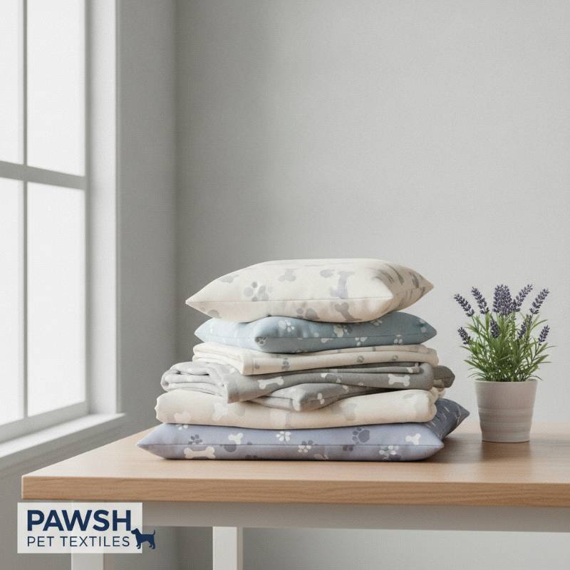 A neatly folded clean dog blanket and pillow smelling fresh
