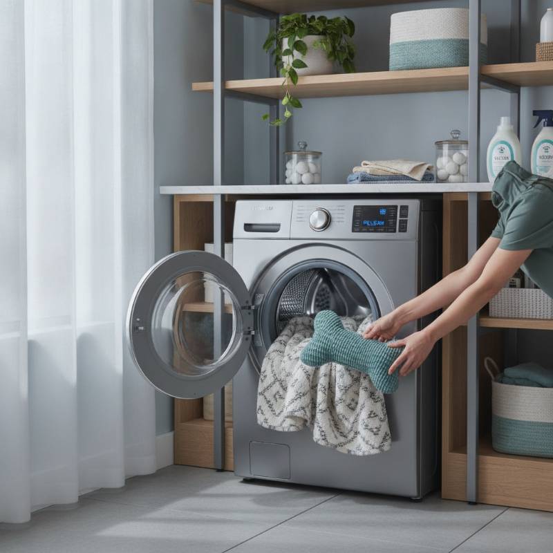 A dog blanket and cushion being placed into a washing machine