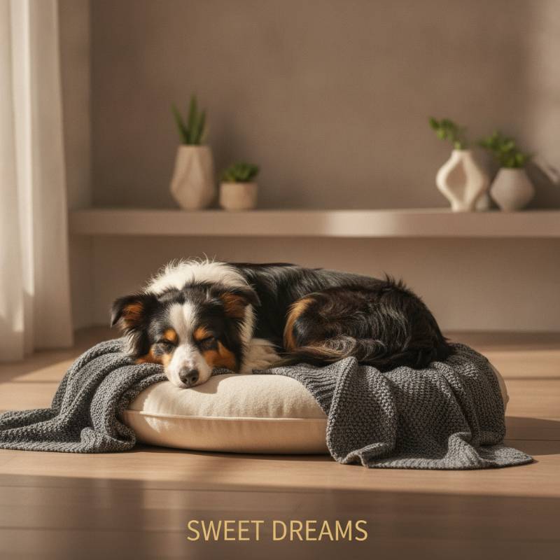 A dog sleeping soundly in deep sleep on a cozy pet bed