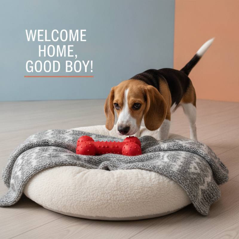 A dog sniffing a new cozy bedding set with a toy on top