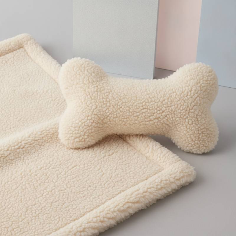A close-up of soft sherpa fleece puppy blanket and pillow texture