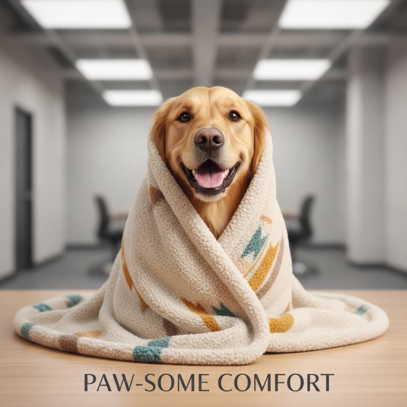A happy dog smiling while wrapped in a cozy blanket