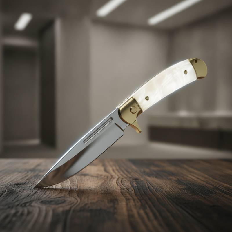 A classic Italian stiletto knife with a white pearlescent handle and a long, slender blade resting on a dark wooden table