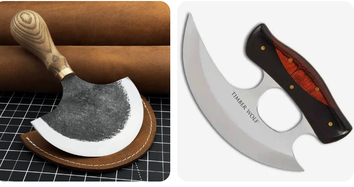A premium leather round knife and head knife resting on a leathercraft workbench