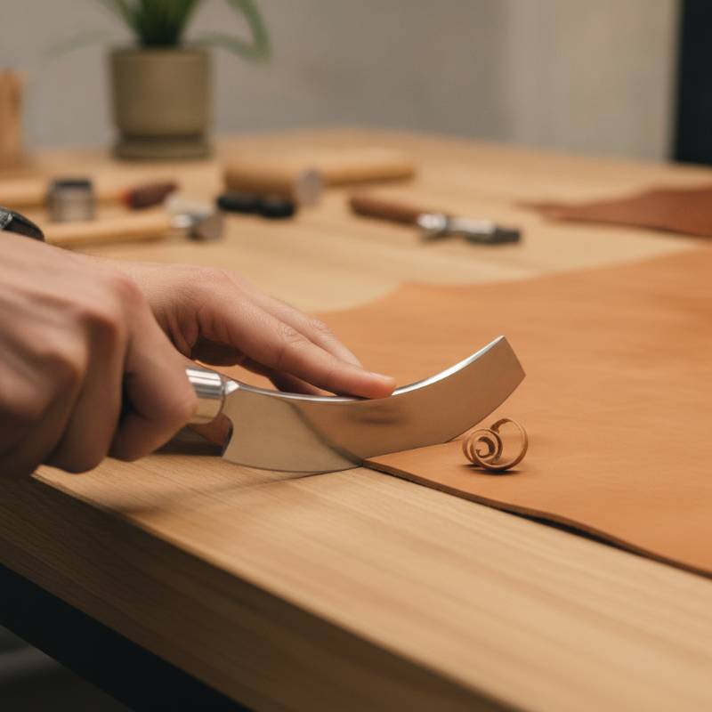 A leatherworker demonstrating how to hold and use a half-moon knife
